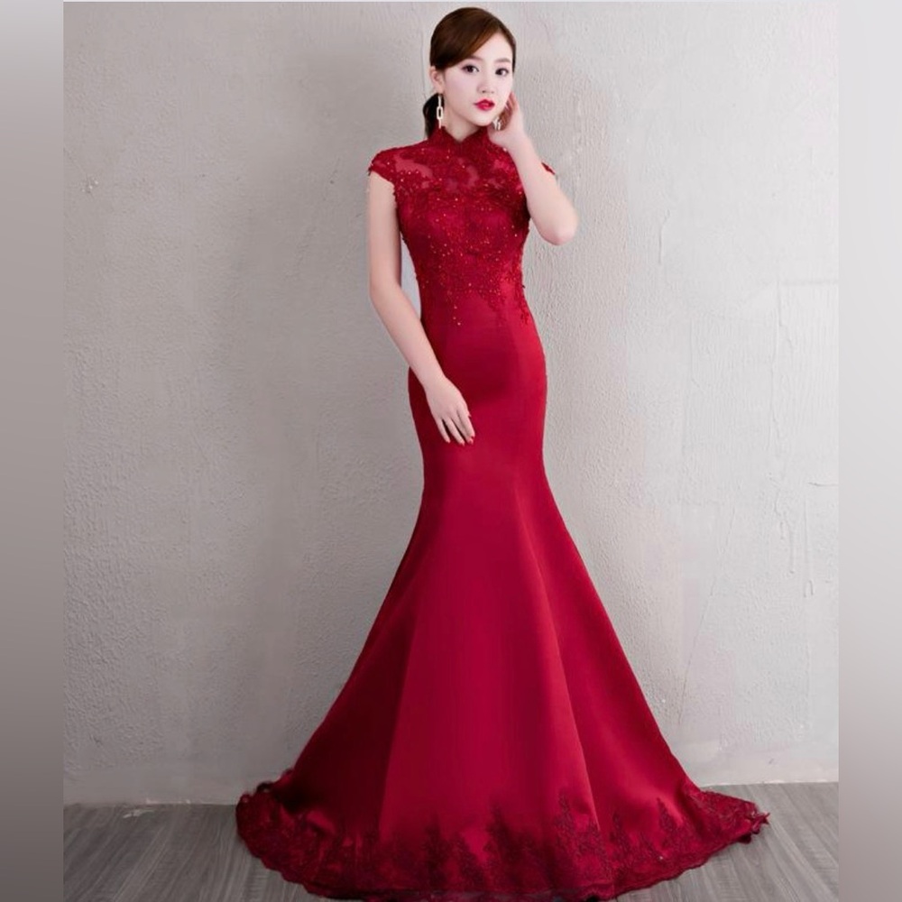 Burgundy fishtail Qipao